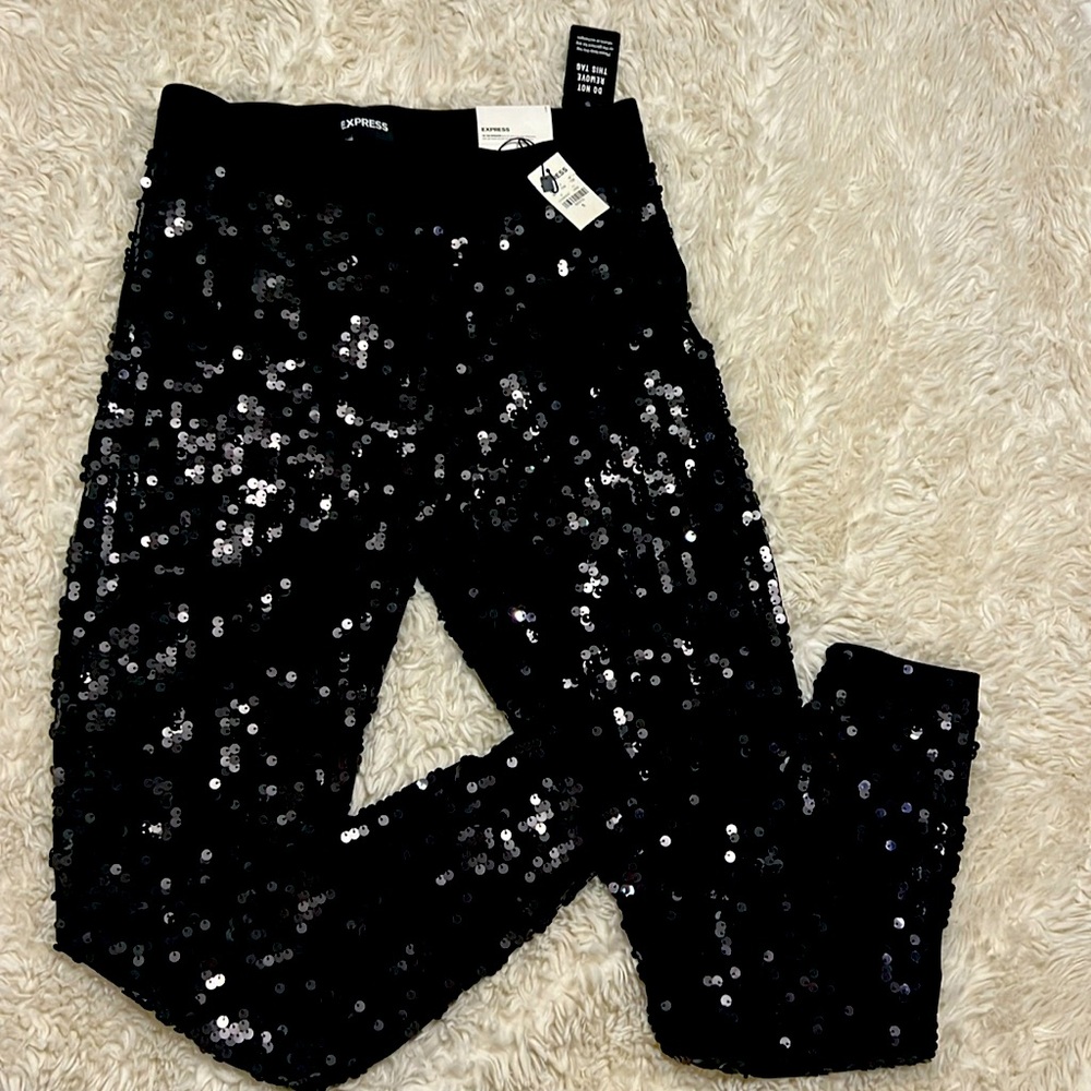 Express woman’s stretchy velvet sequins leggings, size Small, Black, New w/Tags